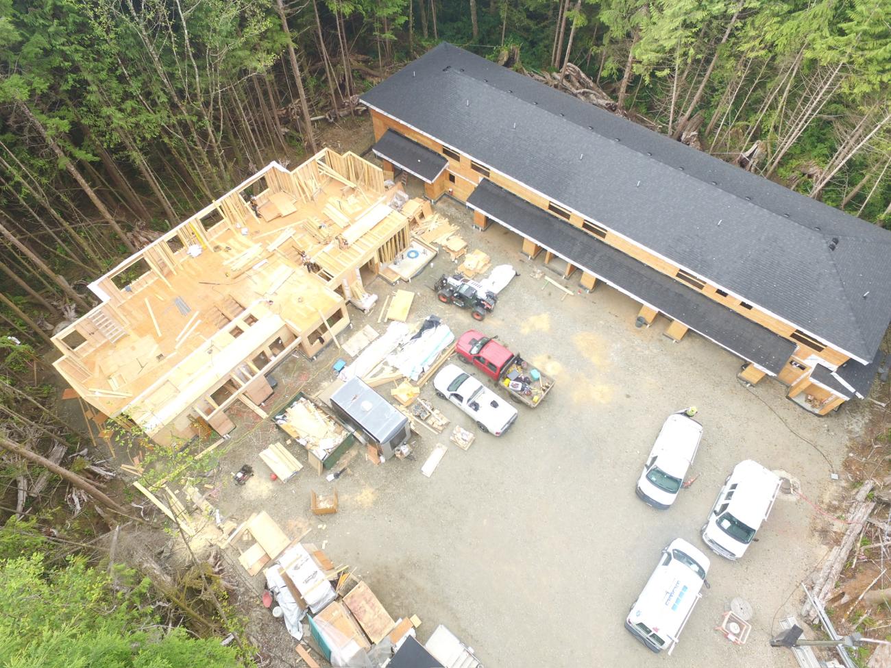 Aerial view of progress on the second building